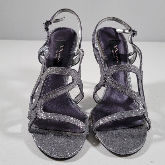 Nina New York Womens Size 8M Sparkle Strappy Slingback Heels Silver Leather - Picture 3 of 15
